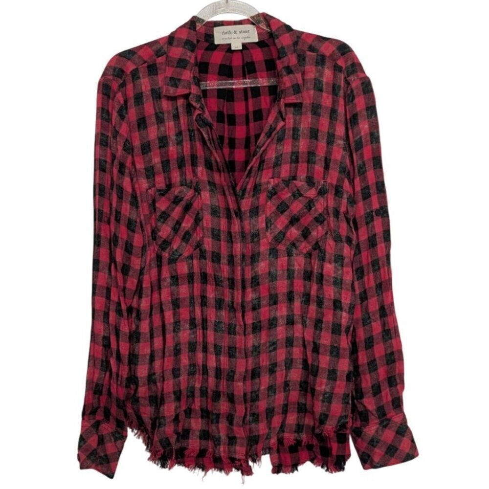 Cloth & Stone Buffalo Plaid Shirt Womens Size Medium Red Raw Hem Button Front